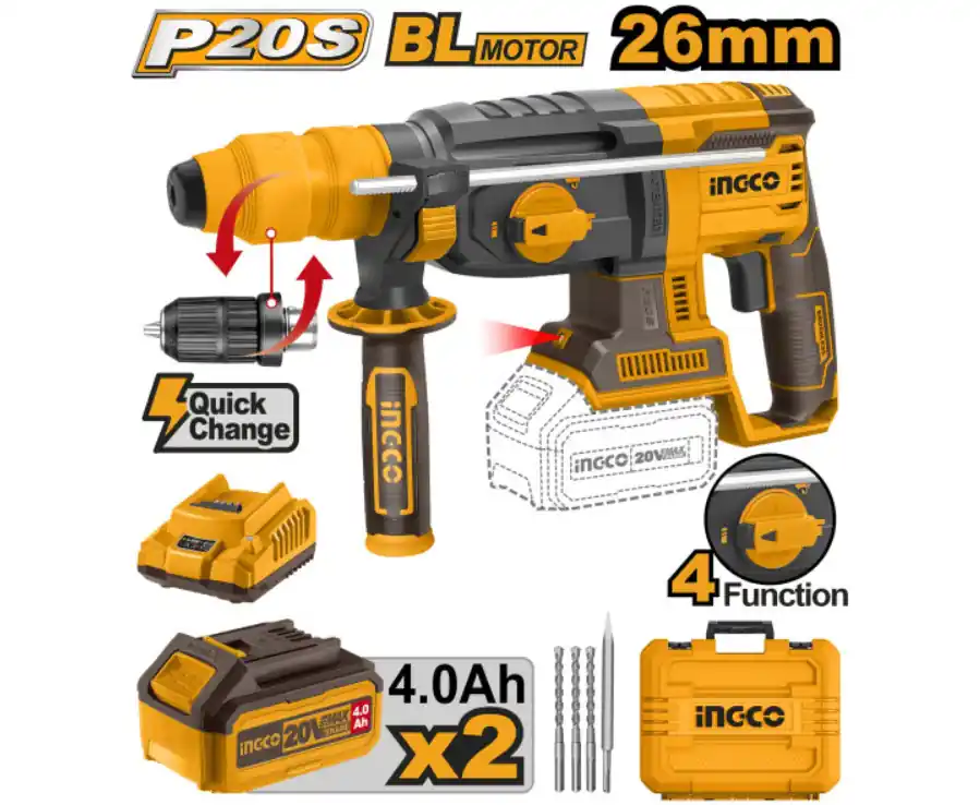 INGCO Akkus kombikalapács 2,5 J SDS-Plus szénkefe nélküli 20 V (2 x 4,0 Ah akku + töltő) Biztonságos fizetés